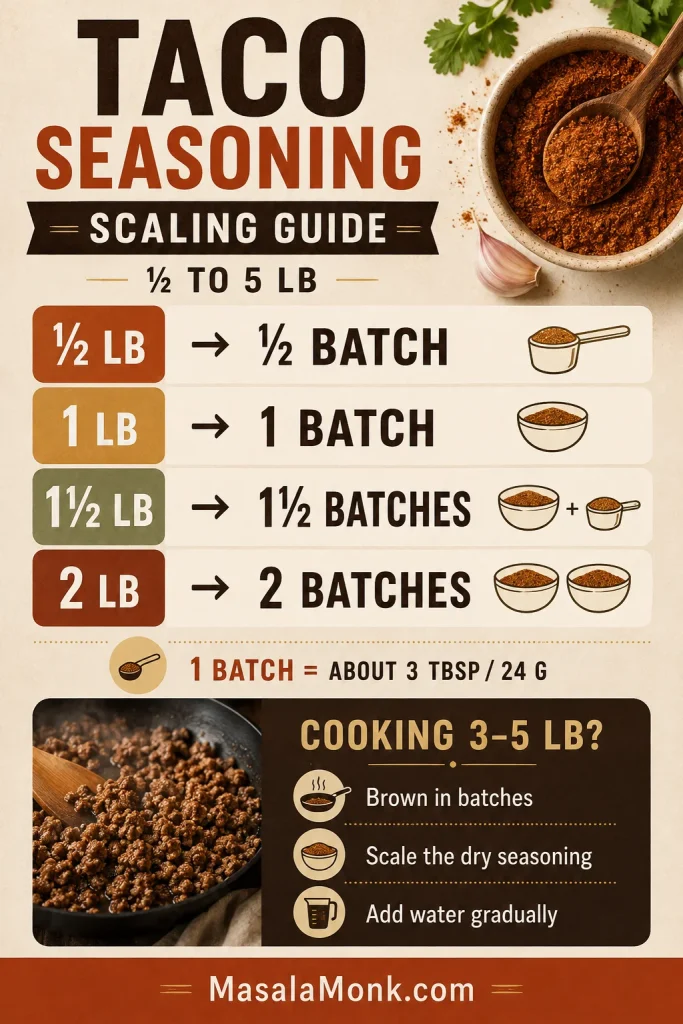 Taco seasoning scaling chart for one-half to five pounds of ground beef, with seasoning amounts and guidance to add water gradually for larger batches.