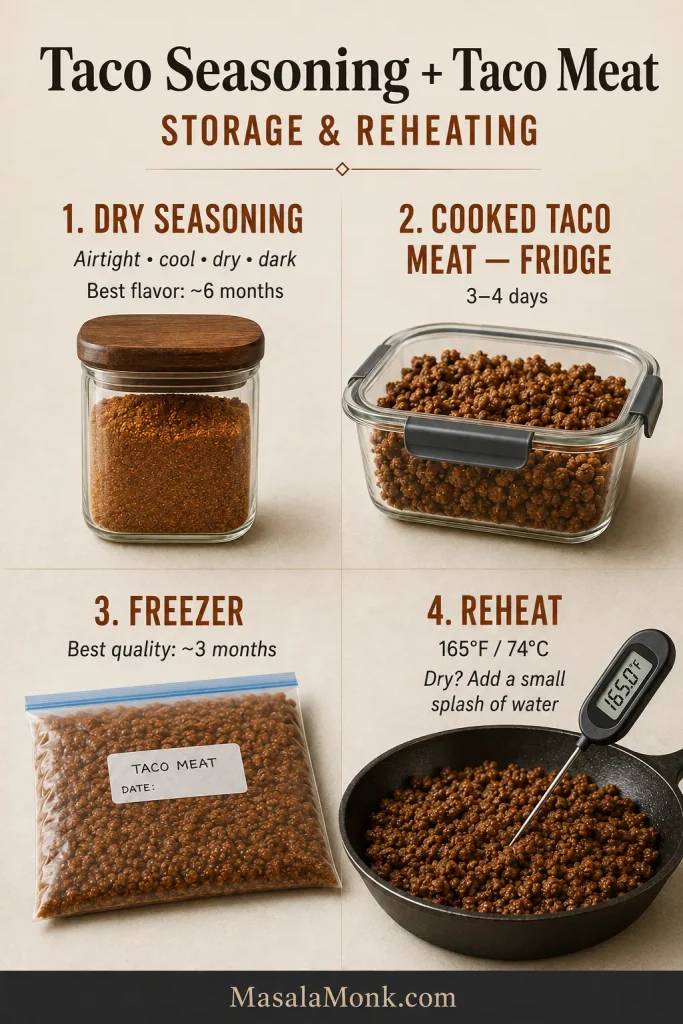 Four-part storage and reheating guide showing dry taco seasoning in an airtight jar, cooked taco meat in the refrigerator and freezer, and meat reheated to 165 degrees Fahrenheit or 74 degrees Celsius.