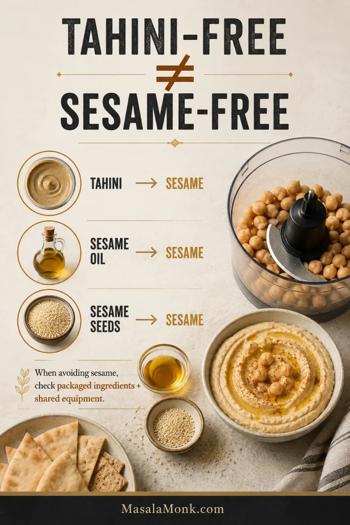 Guide comparing tahini-free and sesame-free foods with tahini, sesame seeds, sesame oil, packaged accompaniments and shared kitchen equipment.