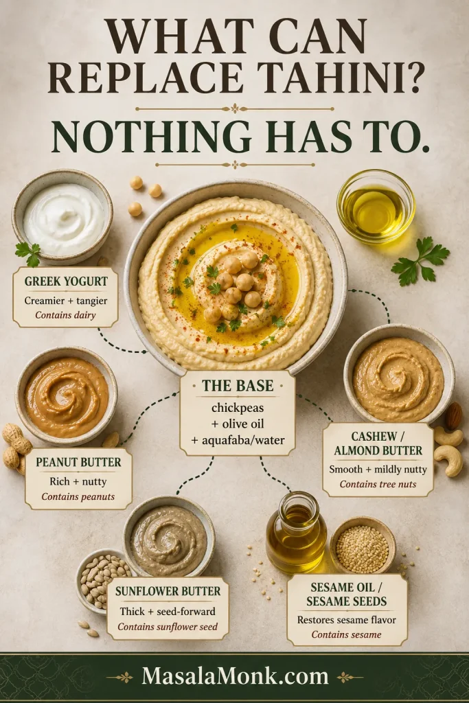 Plain hummus surrounded by Greek yogurt, peanut butter, nut butter, sunflower butter, sesame oil and sesame seeds as optional additions.