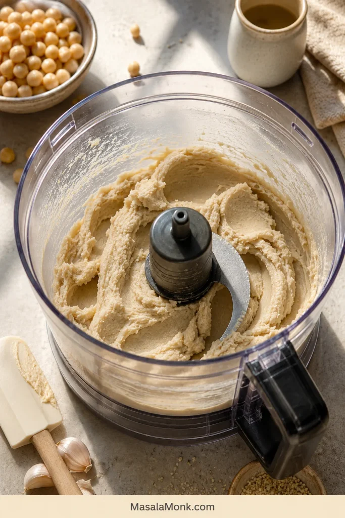 Dense beige tahini mixture clinging to the sides and blade of a clear food processor.