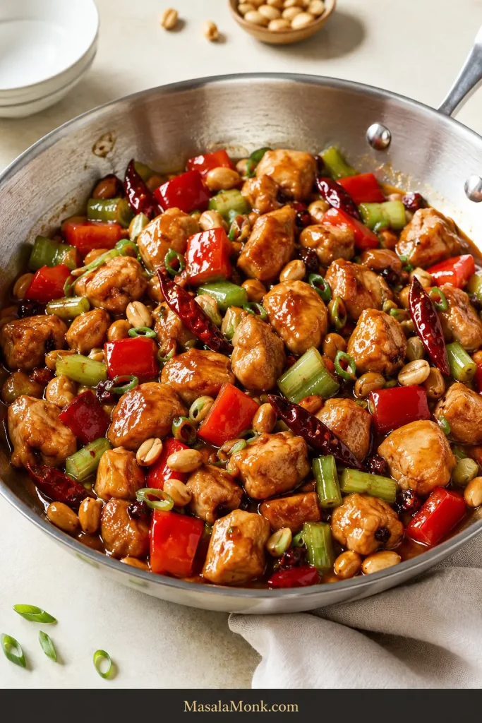 Finished takeout-style Kung Pao chicken with red pepper, celery, peanuts, chillies and scallions in glossy brown sauce.
