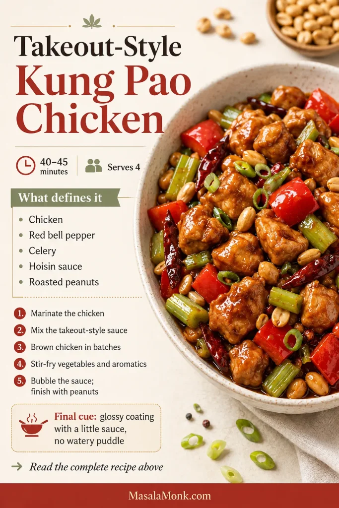 Takeout-style Kung Pao chicken summary card with defining ingredients, five cooking phases, time and serving yield.