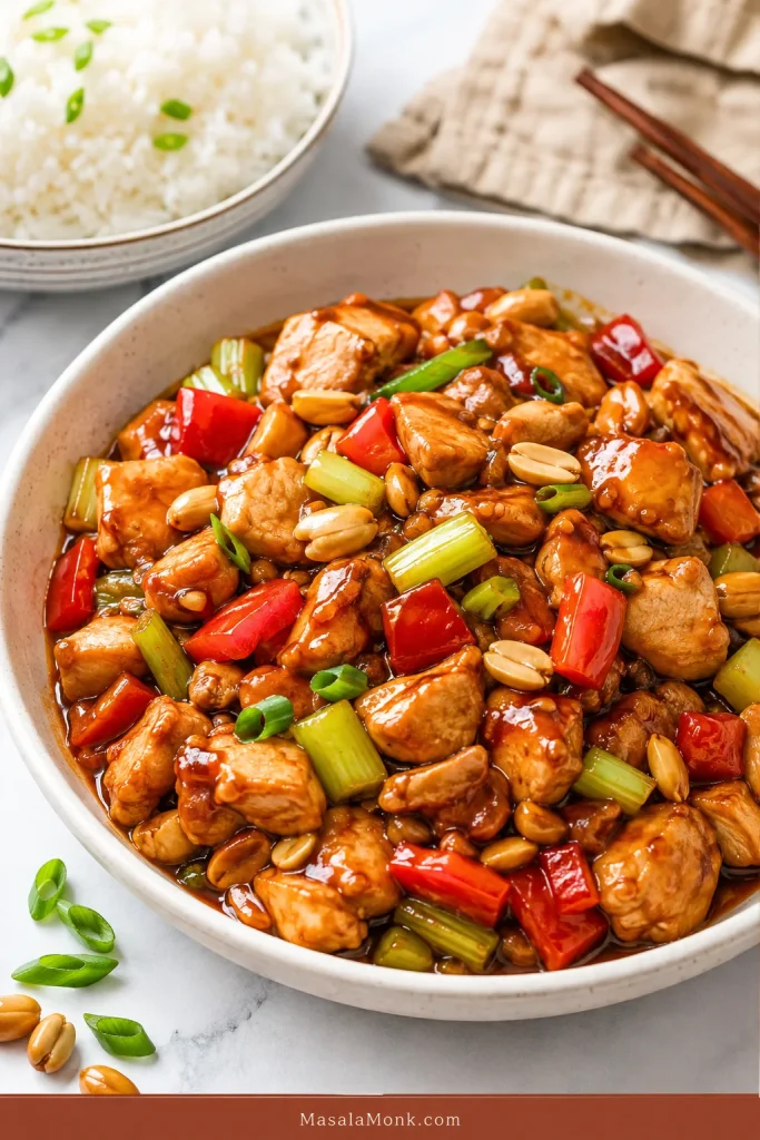 Takeout-style Kung Pao chicken with red bell pepper, celery, dried chillies, peanuts and glossy brown sauce.