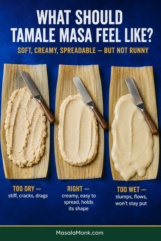 Three tamale masa textures spread on corn husks: dry cracked masa, creamy spreadable masa that holds its shape, and overly wet masa that slumps and flows.