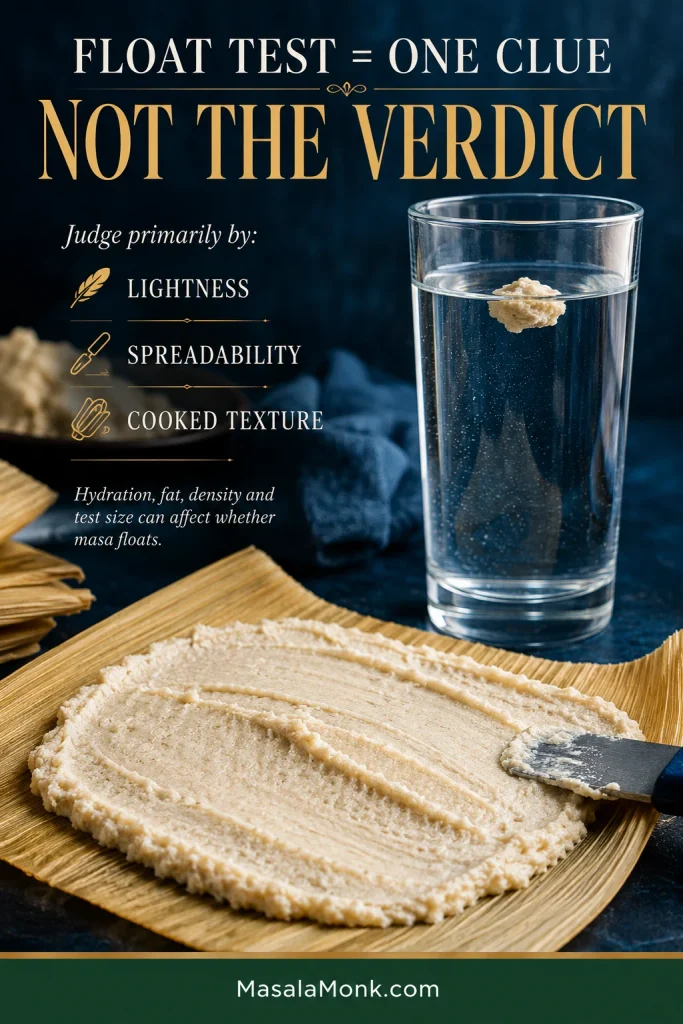 Piece of tamale masa floating in water beside correctly spreadable masa on a corn husk, illustrating that the float test is only one clue to masa readiness.