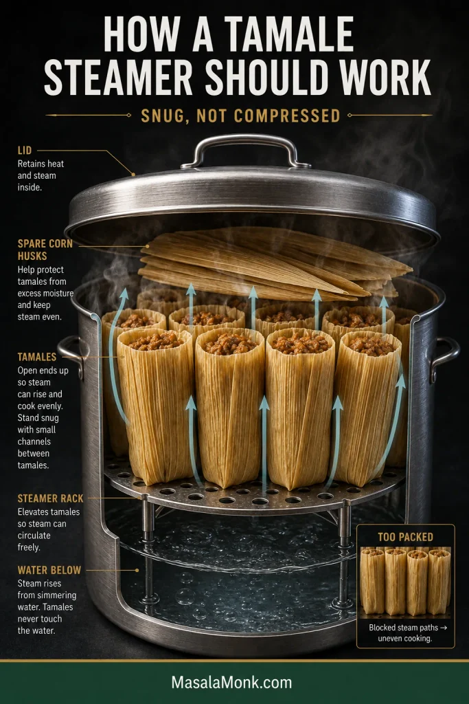 Cutaway tamale steamer showing water below the perforated rack, upright corn-husk tamales with open ends up, spare husks on top, and steam moving through gaps around the batch.