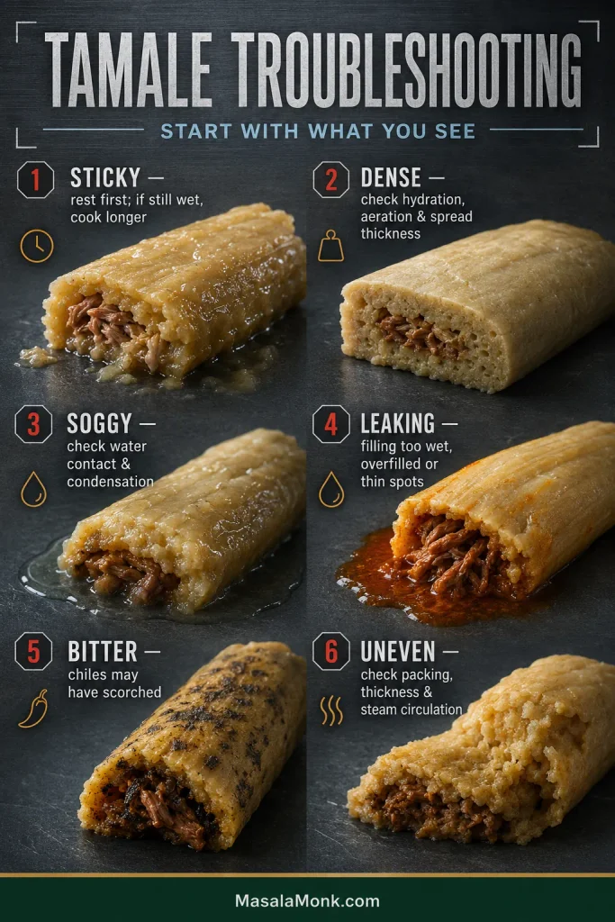 Six tamale problem examples labeled sticky, dense, soggy, leaking, bitter and uneven, with causes involving resting, hydration, water contact, wet filling, scorched chiles and steam circulation.