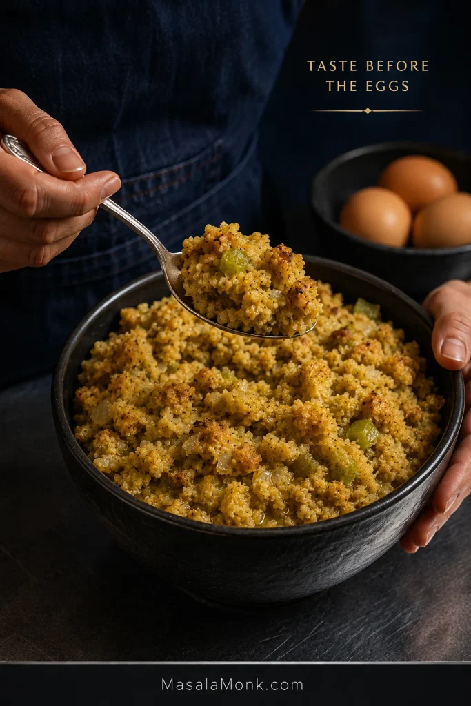 A hand tastes moistened cornbread dressing from a spoon while three whole eggs wait separately in the background.