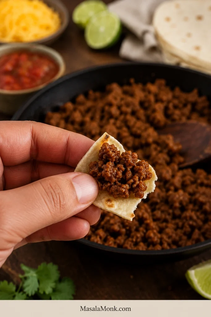 Hand tasting cooked taco meat on a piece of soft tortilla beside the skillet and taco toppings.