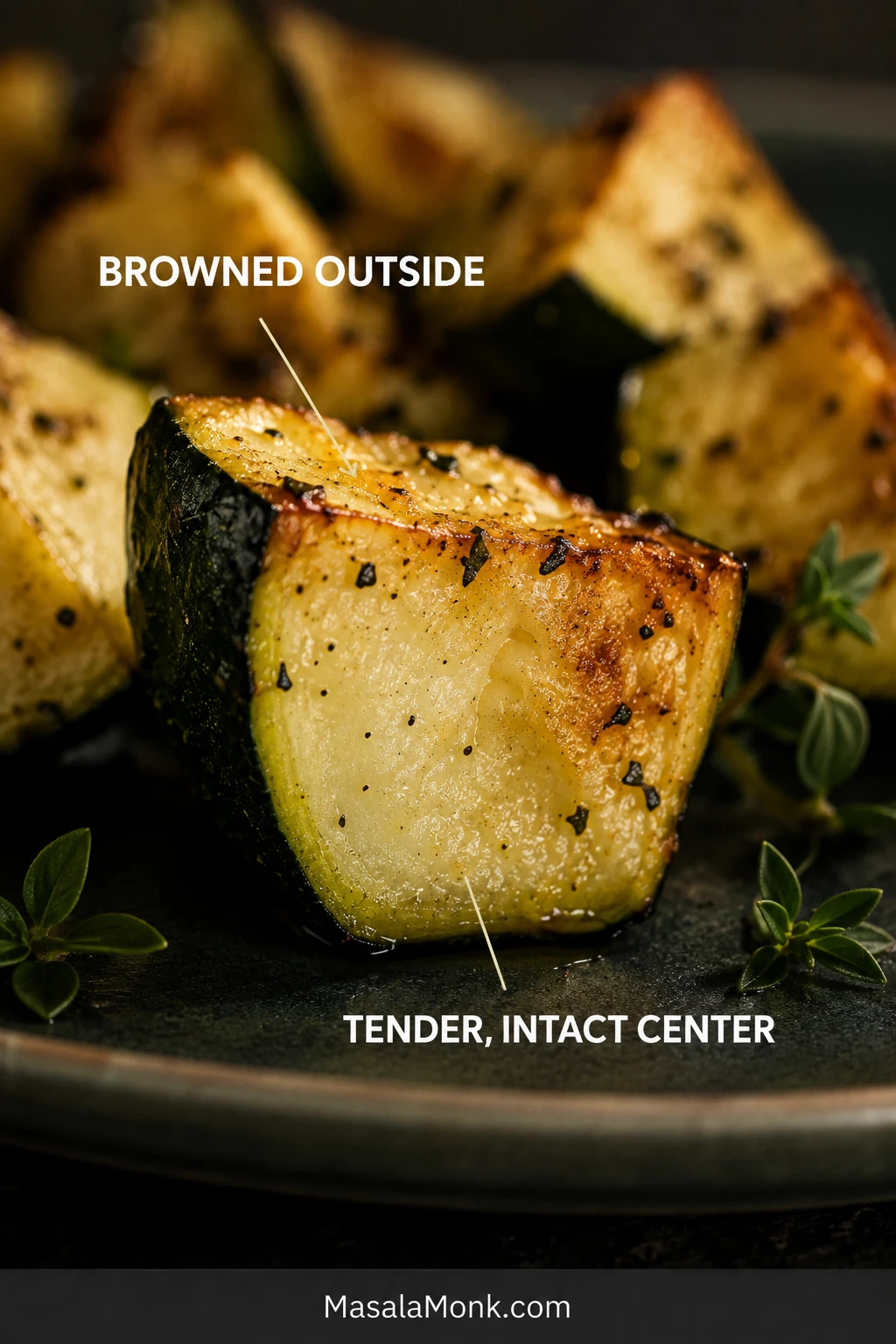 Close-up of a browned zucchini chunk cut open to show dark green skin and a pale, moist, intact center.