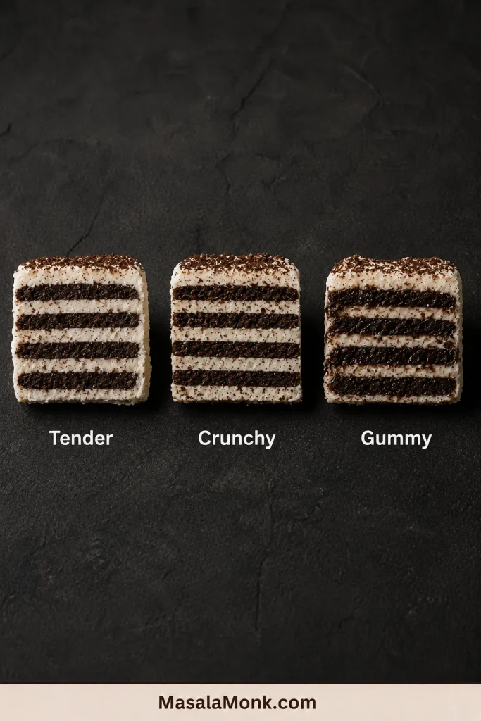 Three chocolate icebox cake samples labeled Tender, Crunchy and Gummy with visibly different cookie-layer textures.