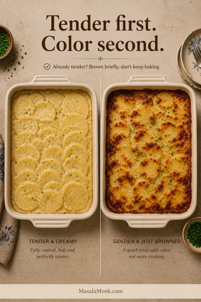 Pale but fully tender scalloped potatoes compared with the same casserole after a brief browning finish.
