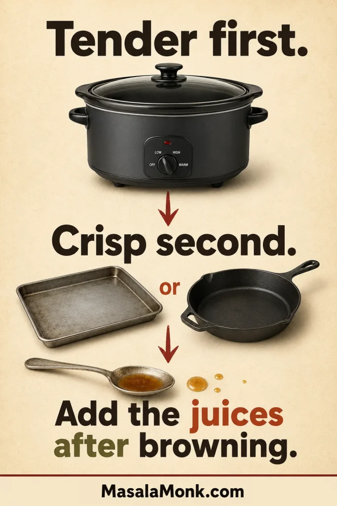 Infographic shows pork moving from a slow cooker to dry heat, followed by a small measured addition of reserved cooking juice.