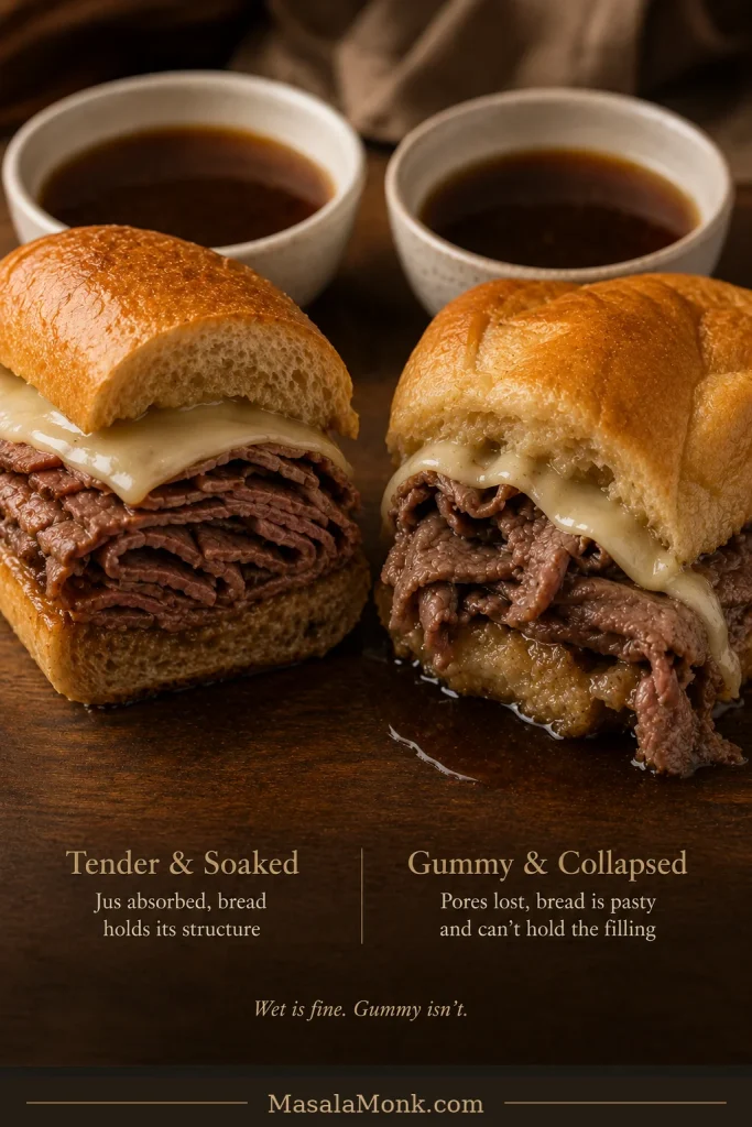 Two soaked French dip sandwiches compared side by side: one with porous saturated bread holding its shape and one with compressed gummy bread collapsing around the filling.