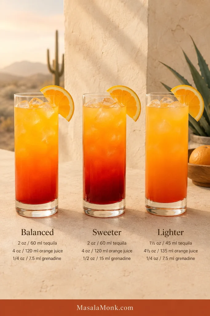 Three Tequila Sunrises compare balanced, sweeter and lighter versions, with progressively different red bases and orange intensity.