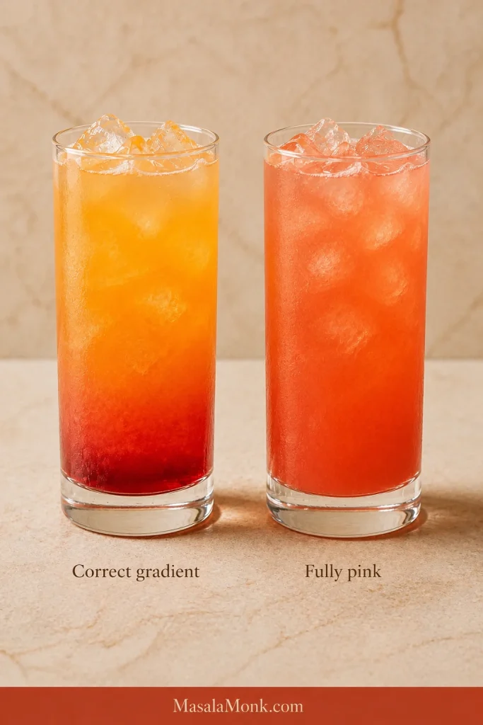 Two cocktails compare a defined red-to-orange Tequila Sunrise gradient with a completely mixed pink drink.