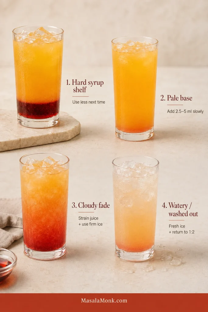 Four Tequila Sunrises show a hard syrup shelf, pale base, cloudy fade and watery washed-out appearance, each with a correction.