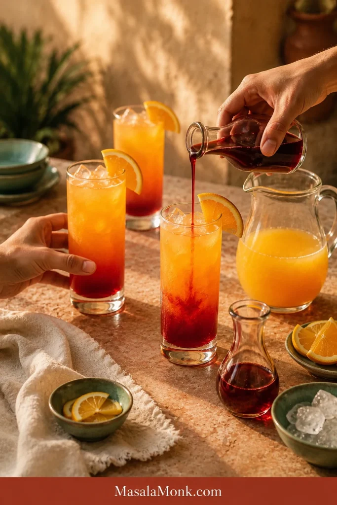Several Tequila Sunrises being served as grenadine is added individually from a separate vessel beside the batched orange-tequila base.