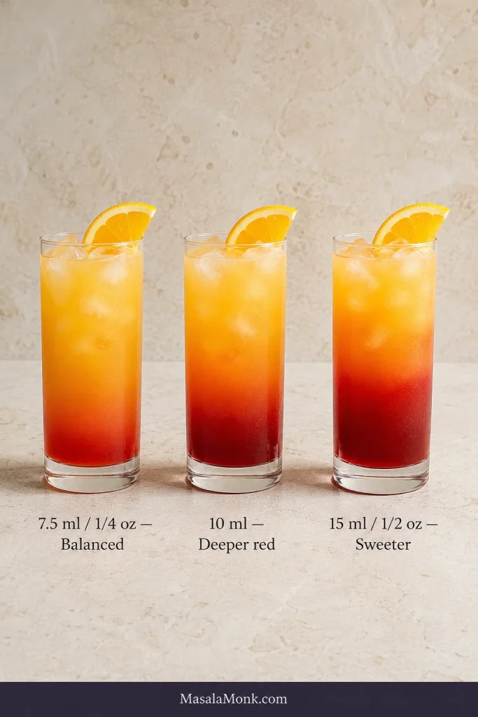 Three identical Tequila Sunrises compare 7.5, 10 and 15 milliliters of grenadine, with increasingly deep red bases.