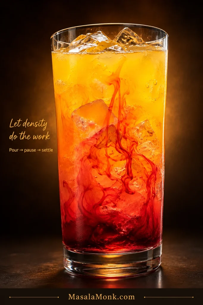 Close-up of grenadine descending through an orange cocktail around ice and collecting near the bottom of the glass.