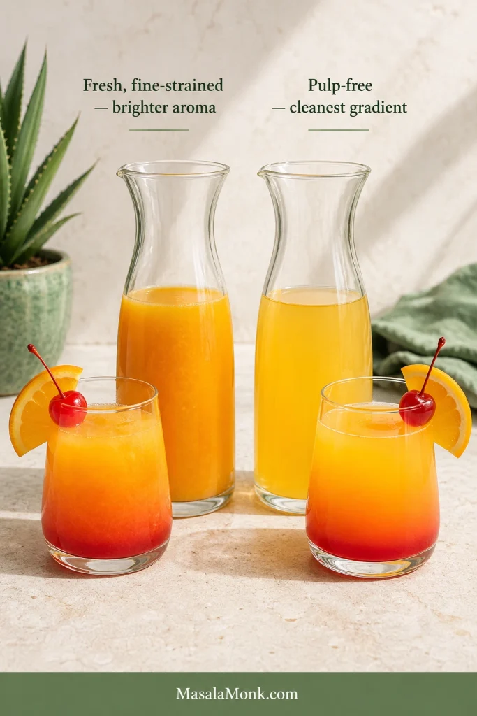 Fresh fine-strained orange juice and pulp-free orange juice compared beside Sunrise cocktails, with the pulp-free version appearing clearer.