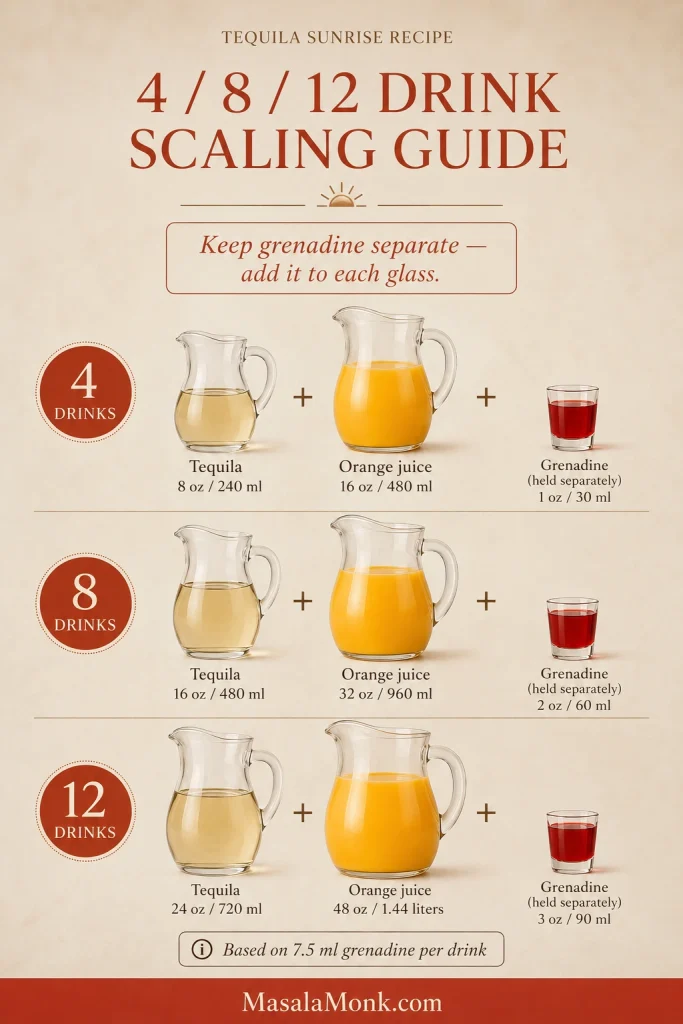Scaling chart for 4, 8 and 12 Tequila Sunrises, with tequila and orange juice batched while grenadine remains separate.