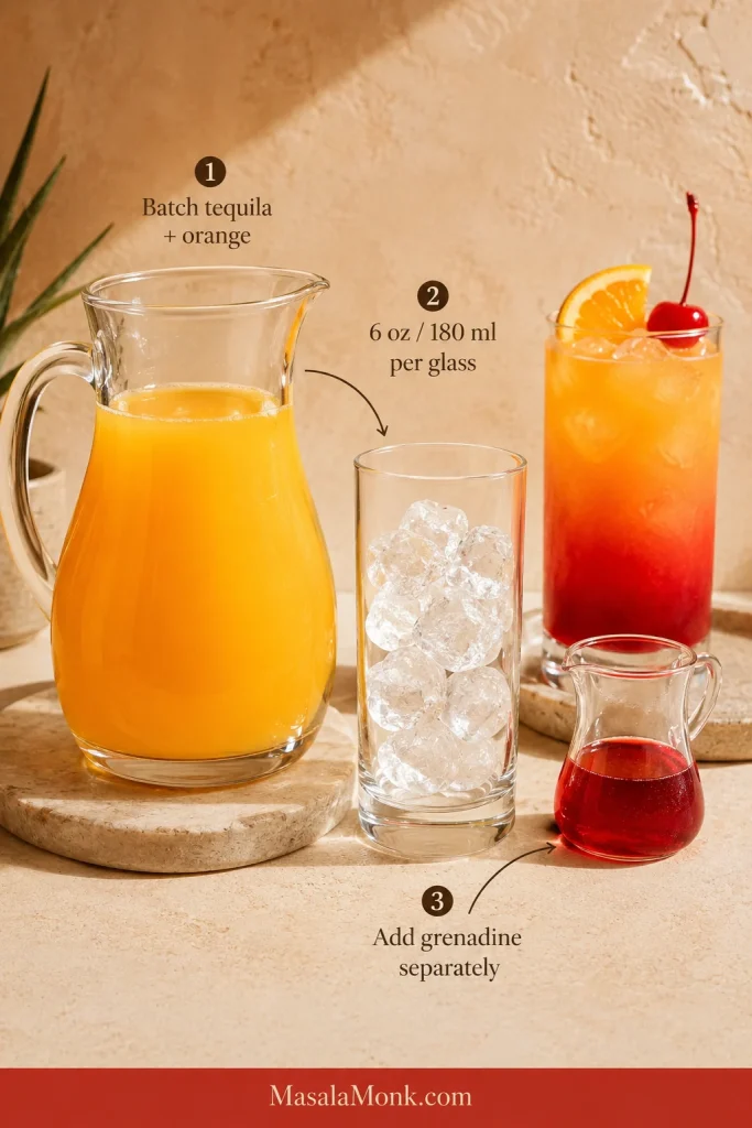 Pitcher of tequila-orange base beside ice-filled highballs and a separate grenadine vessel for finishing each drink individually.
