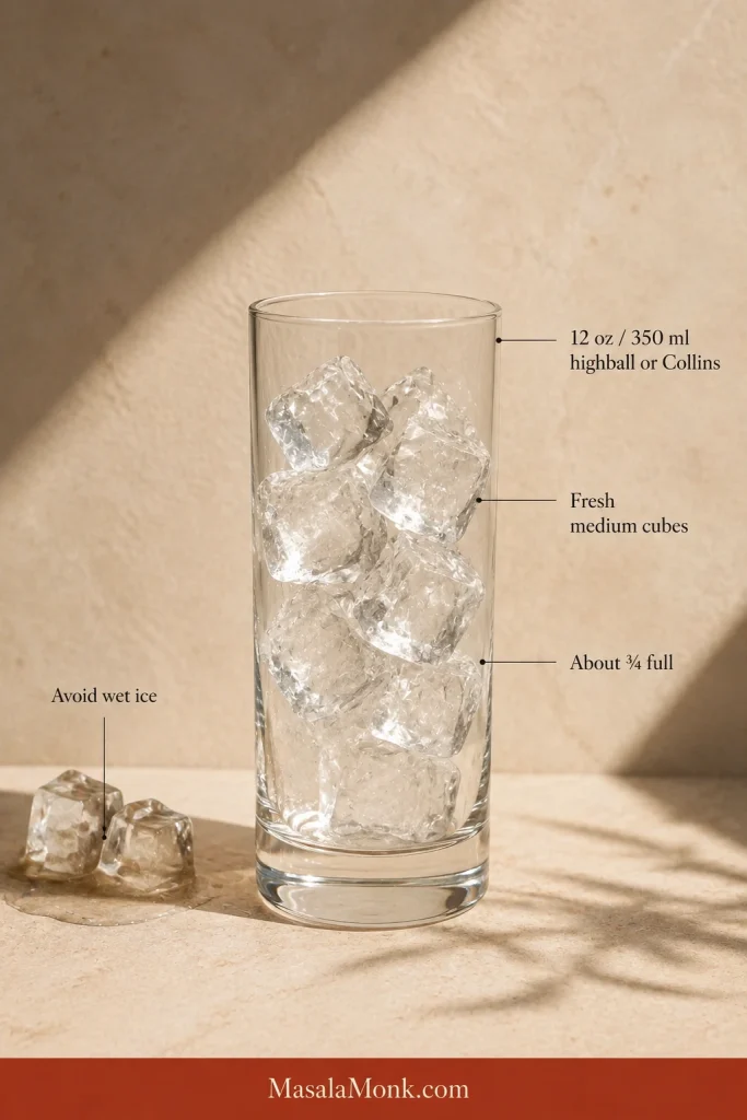 Tall highball glass filled about three-quarters with fresh medium ice, with wet melting ice shown separately as something to avoid.