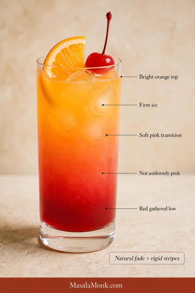 Annotated Tequila Sunrise identifying its bright orange top, coral transition, red base and firm ice.