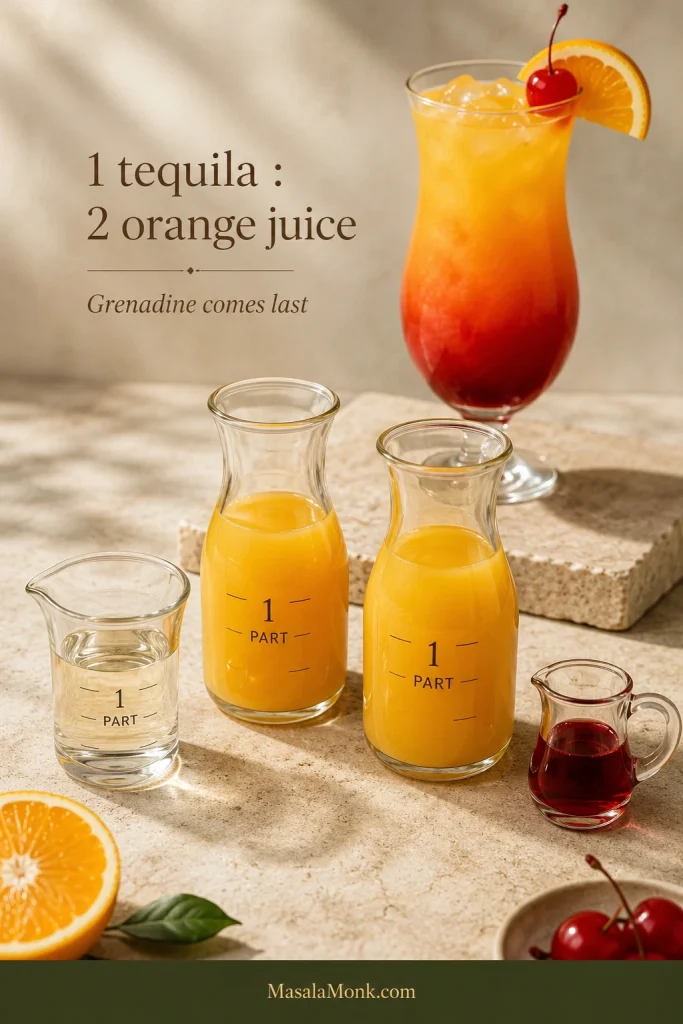 Measuring vessels show one part tequila to two parts orange juice, with a much smaller grenadine measure beside the finished cocktail.