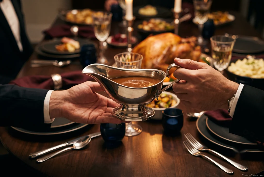 Two diners pass a silver gravy boat filled with brown gravy across an elegant Thanksgiving table with roast turkey in the background.