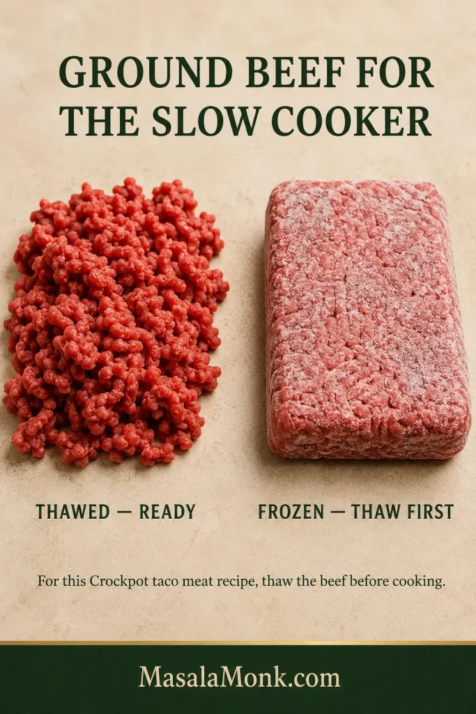 Loose thawed raw ground beef beside a solid frozen block of ground beef, showing the thawed meat ready for the slow cooker and the frozen block needing to be thawed first.