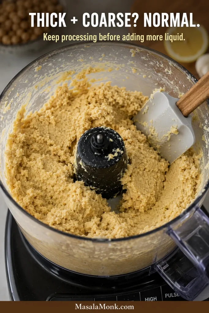 Dense coarse chickpea mixture clinging to the food processor during the early stage of making hummus.