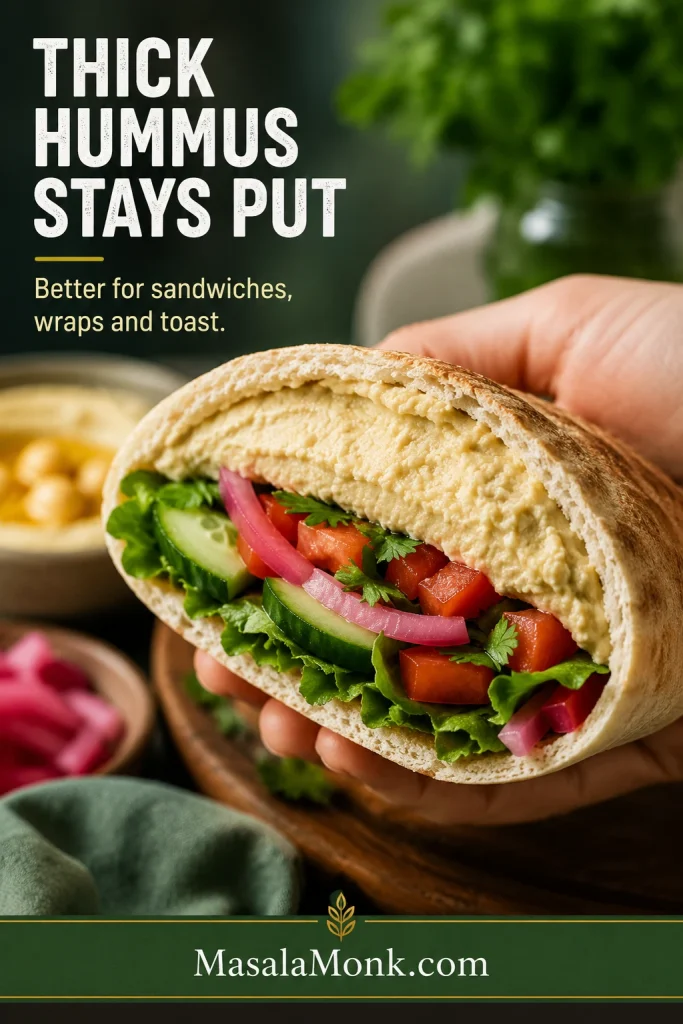 Open pita sandwich with vegetables and a thick layer of hummus holding firmly against the bread.