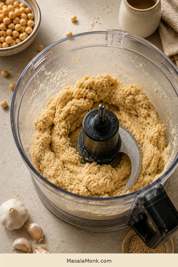 Dense partially blended hummus piled around the food processor blade and smeared along the bowl walls.