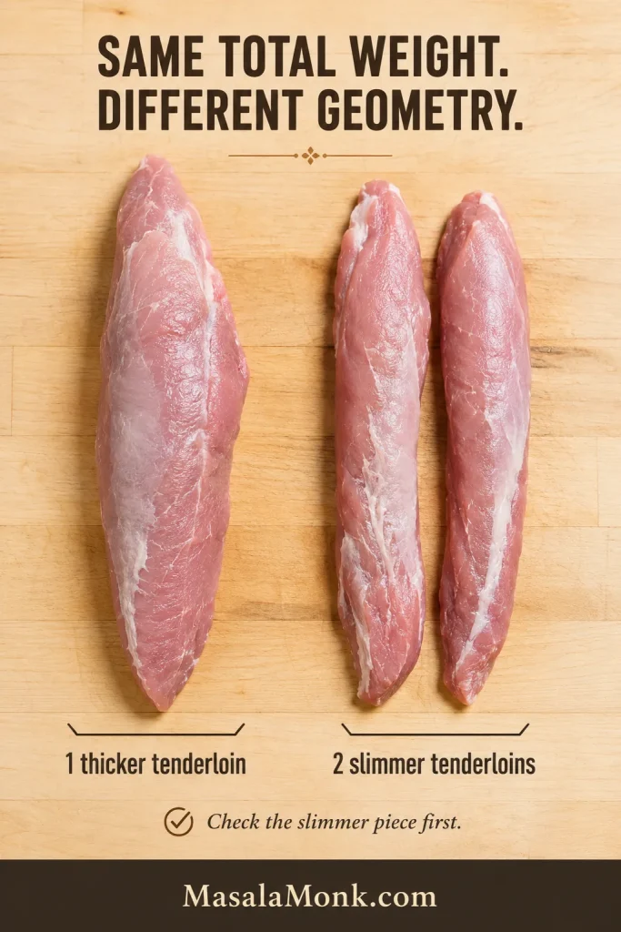 One thick tapered pork tenderloin beside two slimmer tenderloins of roughly similar combined weight.