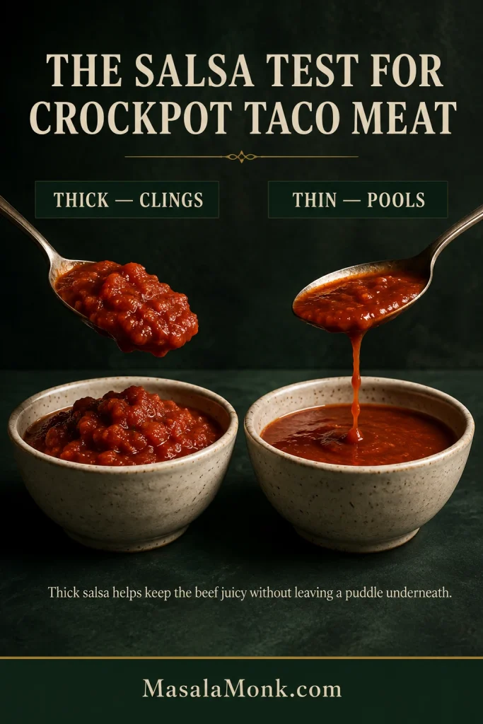 Two spoons compare salsa consistency: thick chunky salsa mounds and clings to one spoon, while thinner salsa runs off the other and pools in its bowl.
