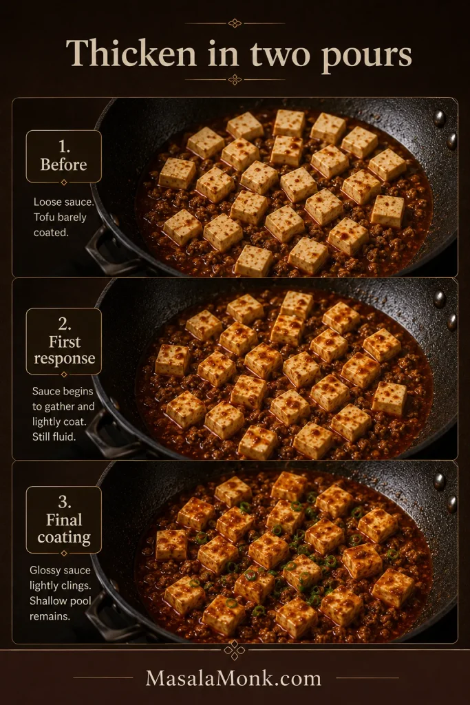 Three-stage wok guide showing loose sauce before slurry, a lightly gathering sauce after the first addition and a glossy final coating with a shallow pool remaining.