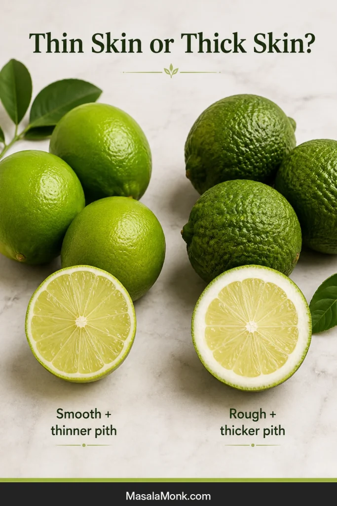 Whole and cut limes comparing smooth thin skins and narrow white pith with rough skins and a thicker pith layer.