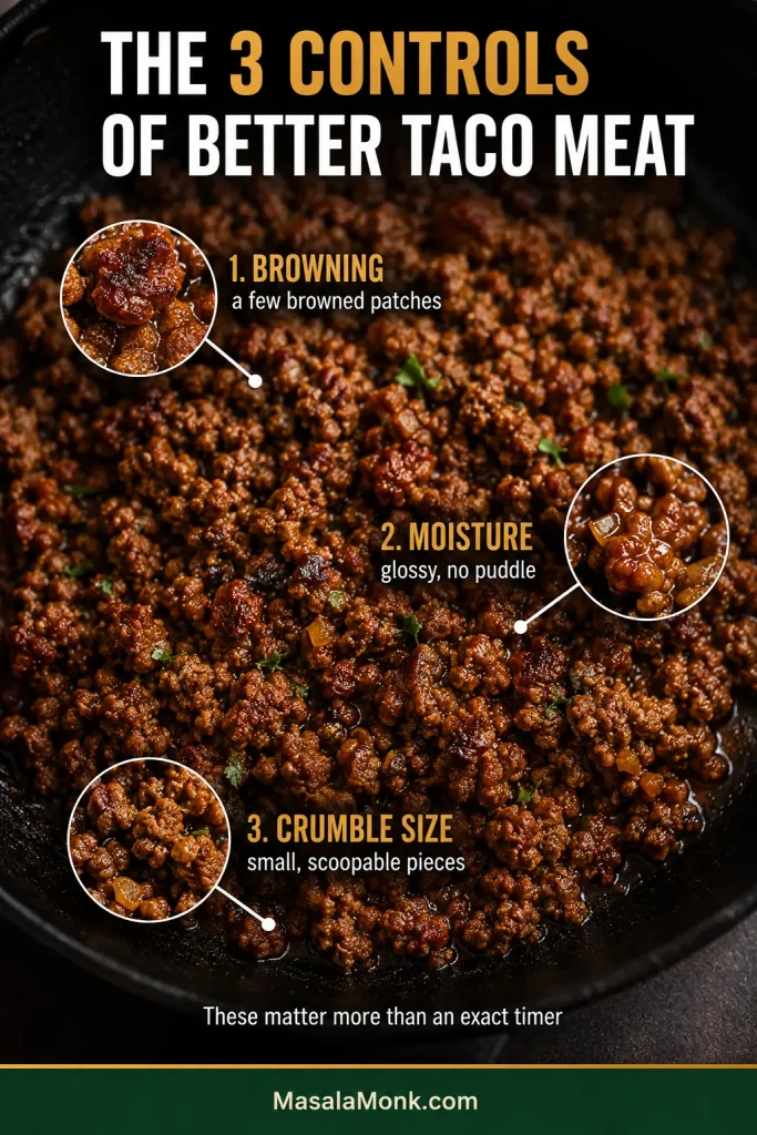 Ground beef taco meat with three magnified callouts highlighting browned areas, glossy moisture without loose liquid, and the size of the cooked beef crumbles.