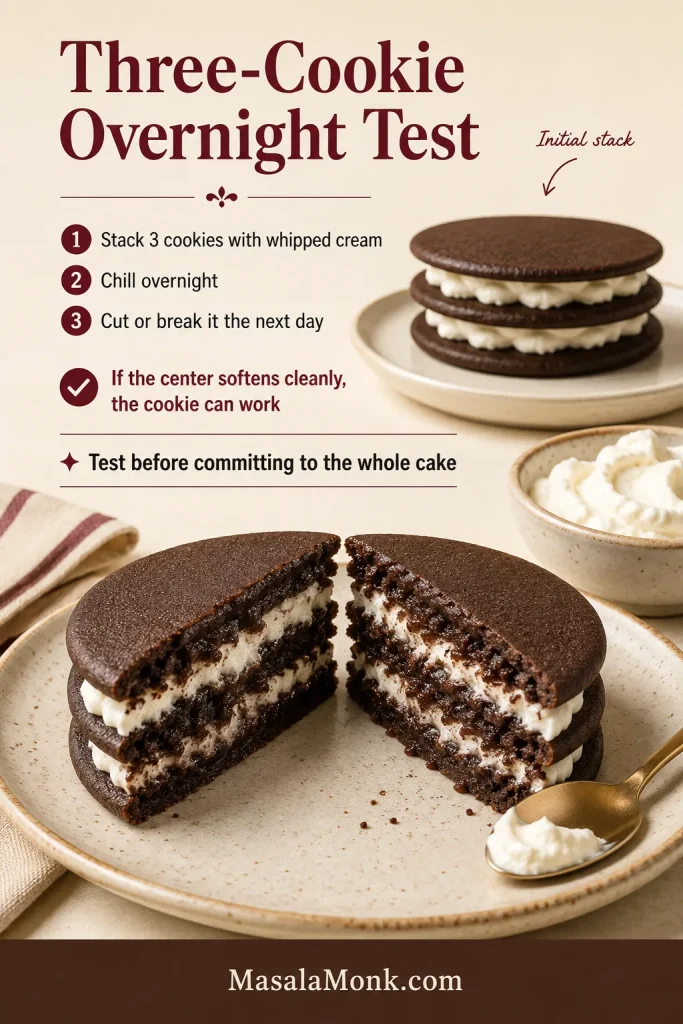 Three-cookie cream stack shown before chilling and cut open after an overnight rest, revealing softened chocolate layers inside.