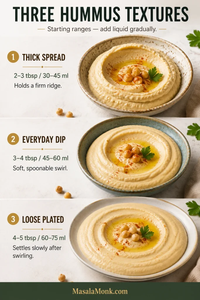 Three equally smooth hummus consistencies shown as a thick spread, everyday dip and loose plated hummus.
