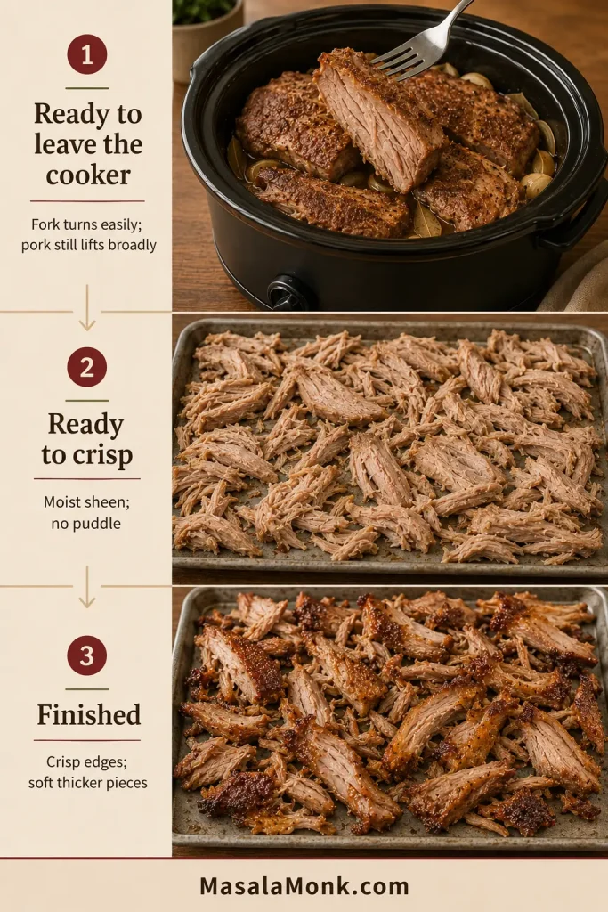 Three-part infographic shows fork-tender pork, moist broad pork pieces without pooled liquid and finished carnitas with browned undersides and crisp tips.