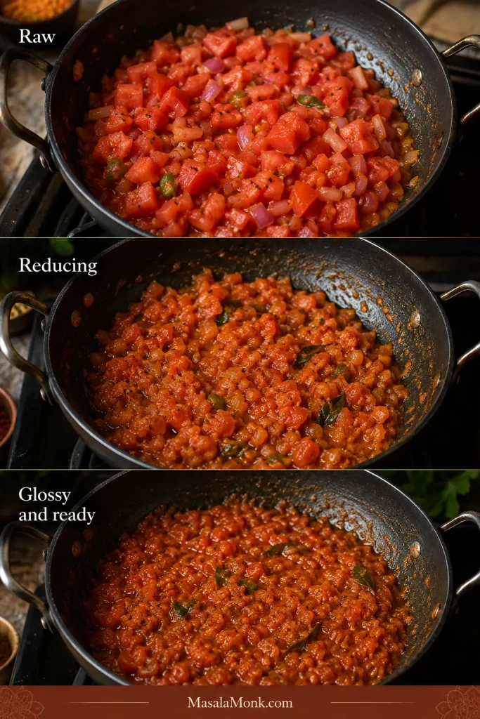 Tomato masala progressing from watery chopped tomatoes to a thick, cohesive and glossy onion-tomato mixture.