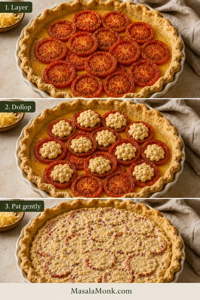 Three stages of tomato pie assembly showing roasted tomatoes layered in the crust, small spoonfuls of cheese topping added, and the topping gently spread.