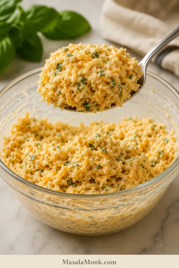 Spoon holding a thick mound of cheddar, Parmesan, mayonnaise, Dijon, and basil mixture above a bowl, with no dripping or cheese strands.
