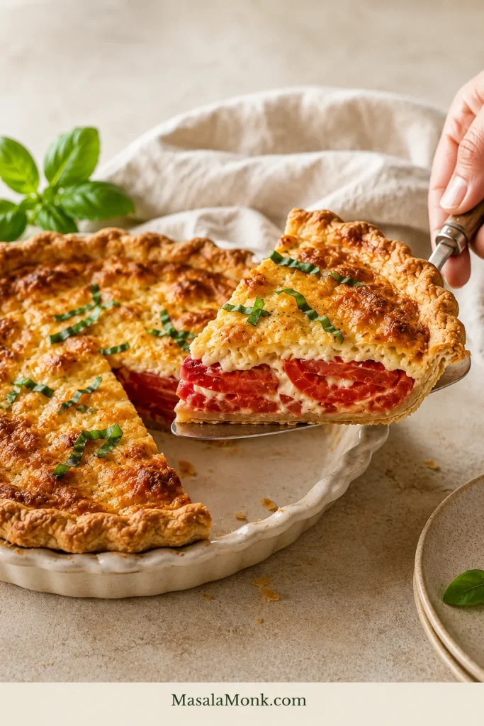 Hand lifting a clean wedge of Southern tomato pie on a server, with the thin flaky bottom crust attached and the remaining pie behind it.