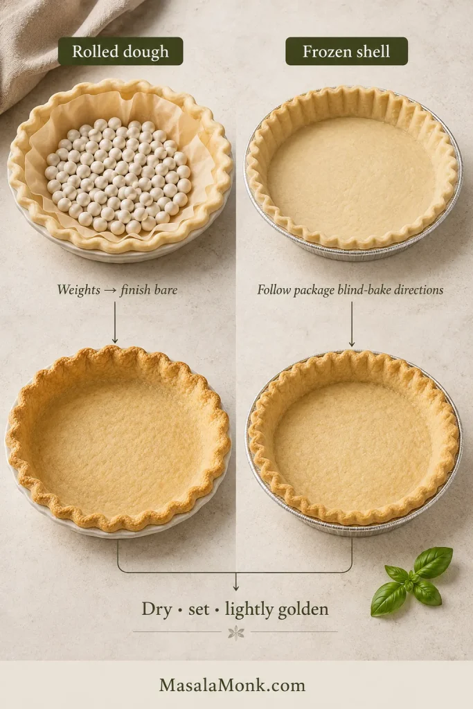 Two crust preparation routes compare rolled dough blind-baked with parchment and weights with a standard preformed frozen pie shell baked in its foil pan.