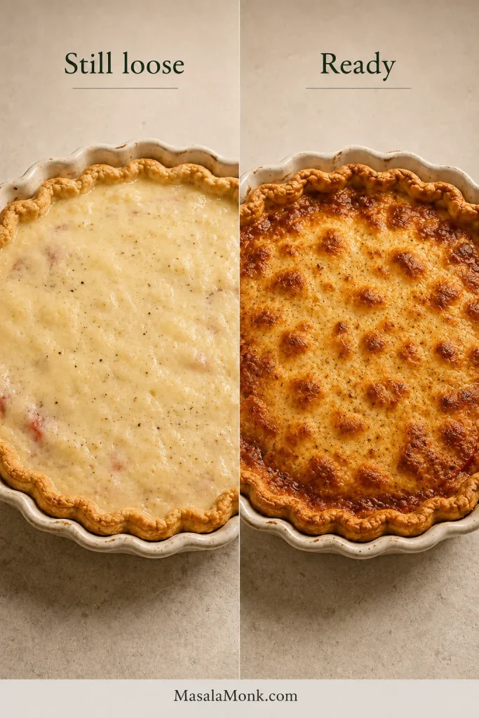Two views of the same tomato pie during baking: one pale and glossy with a loose center, and one browned in patches with a cohesive, set filling.